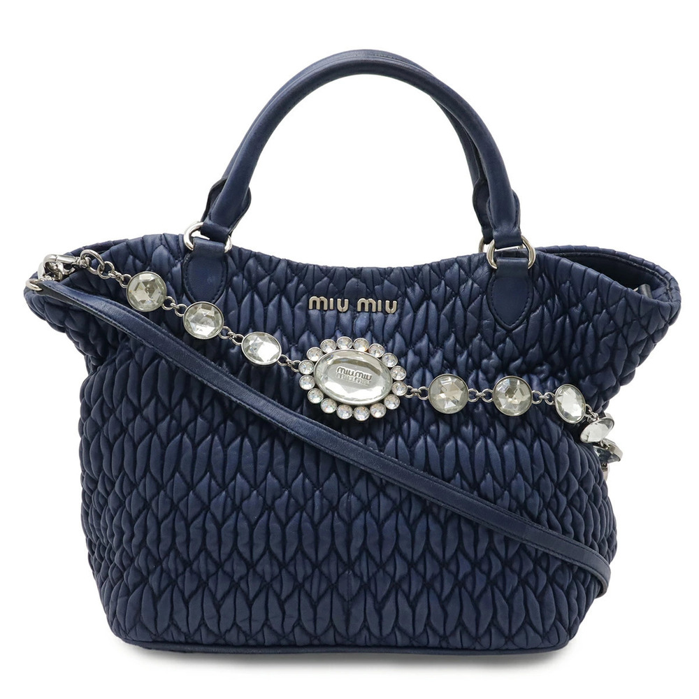 Miu Miu Matelasse Nappa Crystal Bijou Gathered 2way Shoulder Bag Leather Blue